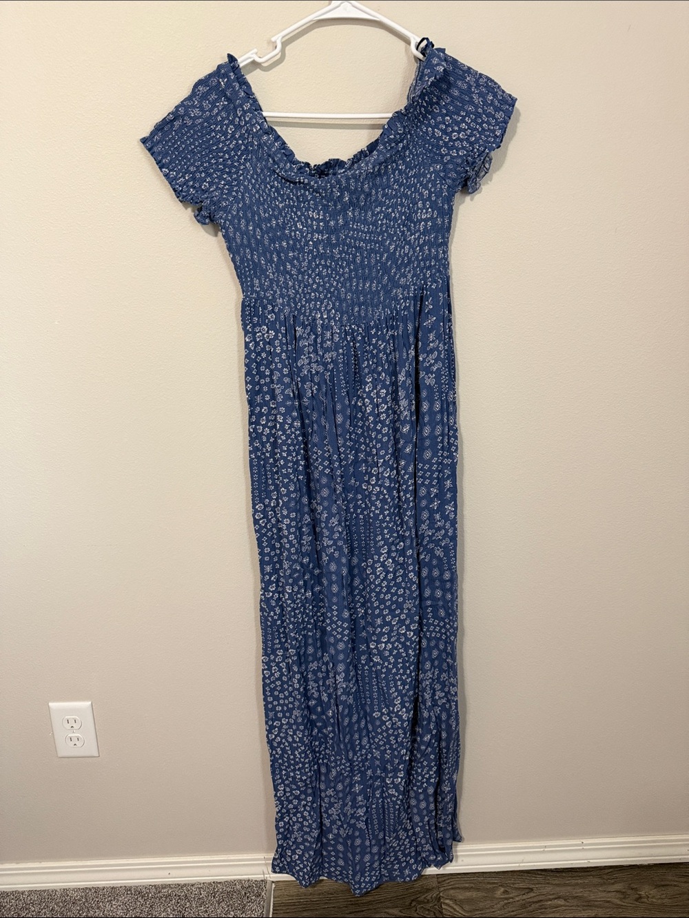 Pink Rose Blue Floral Smocked Maxi Dress Off the Shoulder